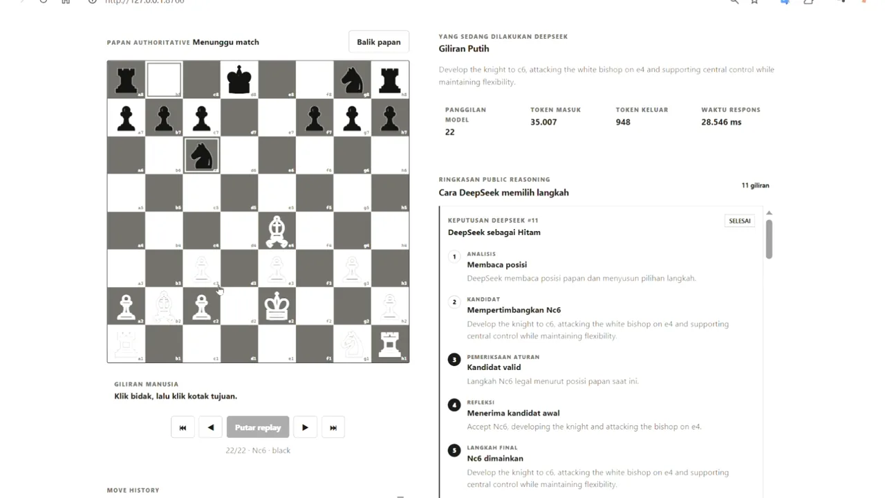 Agentic Chess Arena interface with a chessboard and validated DeepSeek decision trace