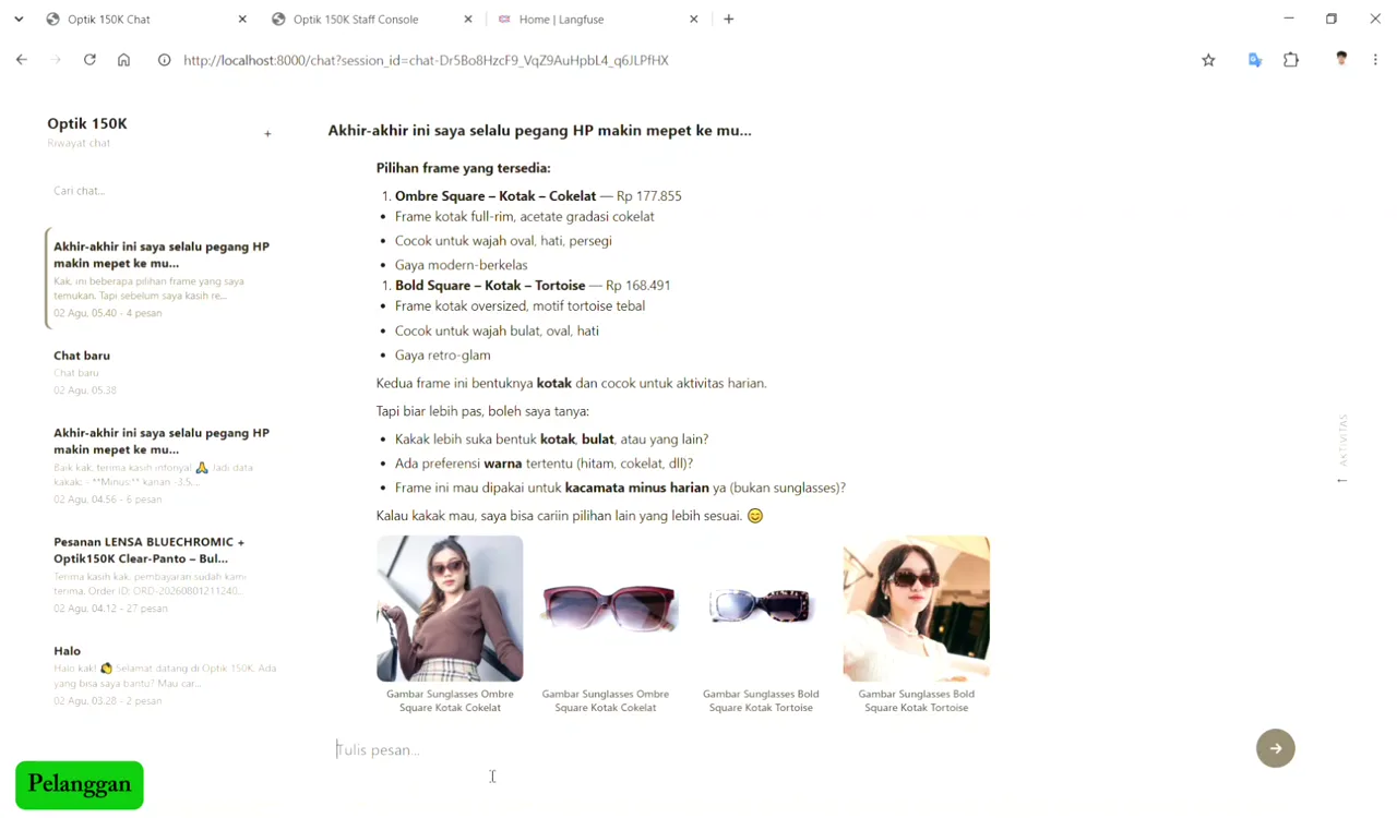 Optik 150 K customer chat recommending suitable frames