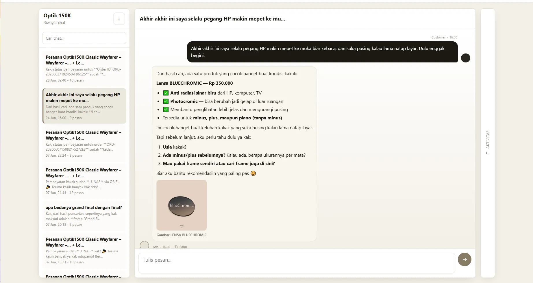 Optik 150 K chat recommending a Bluechromic lens based on the customer's needs
