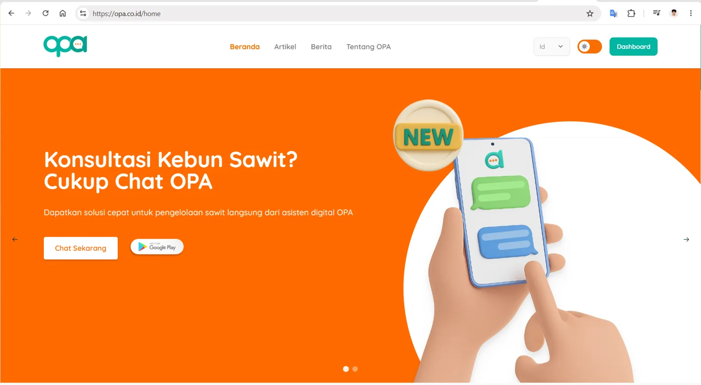 OPA homepage inviting users to consult about oil-palm management through Chat OPA