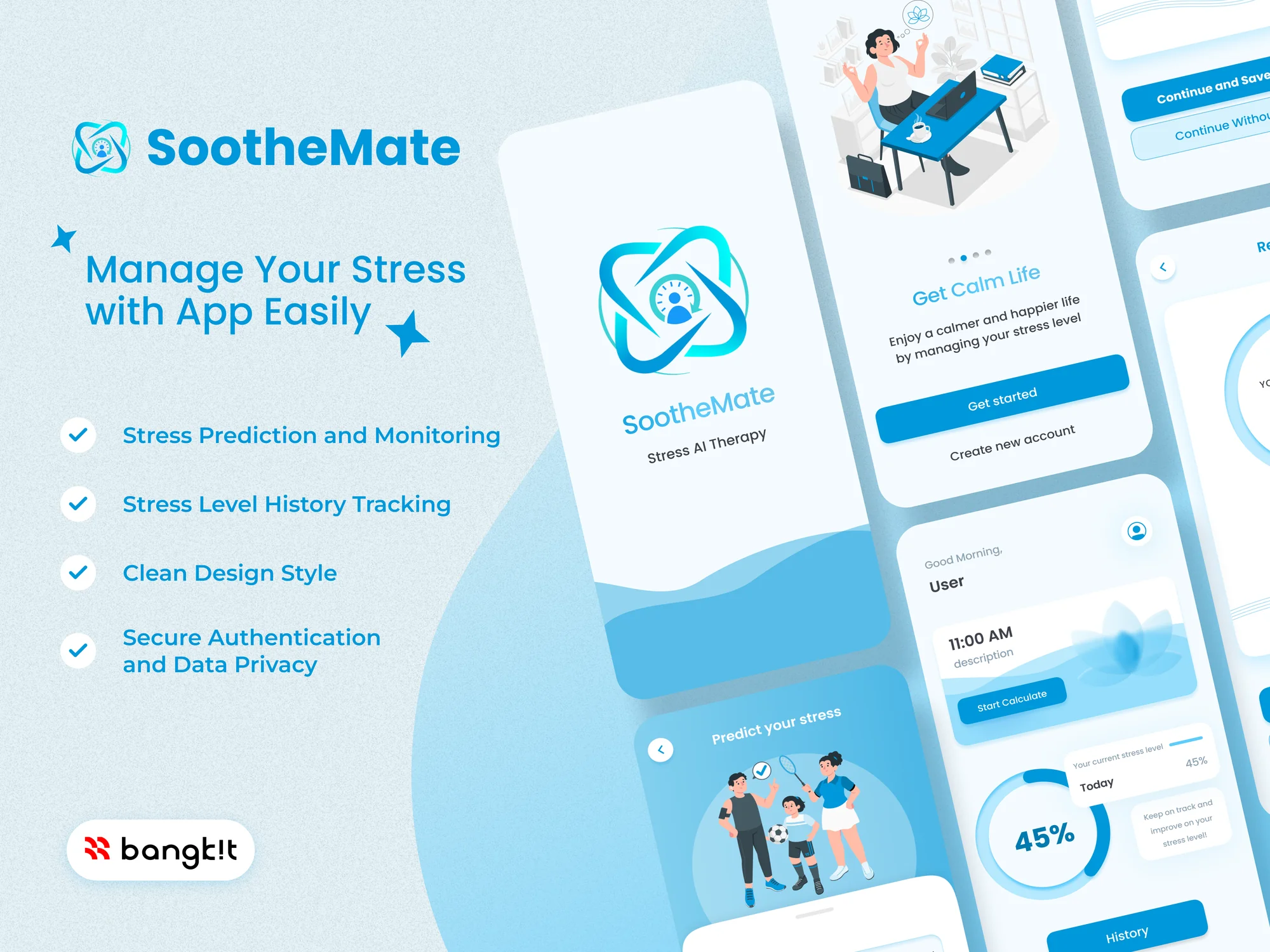 SootheMate app showcase with onboarding, stress prediction, and a daily dashboard